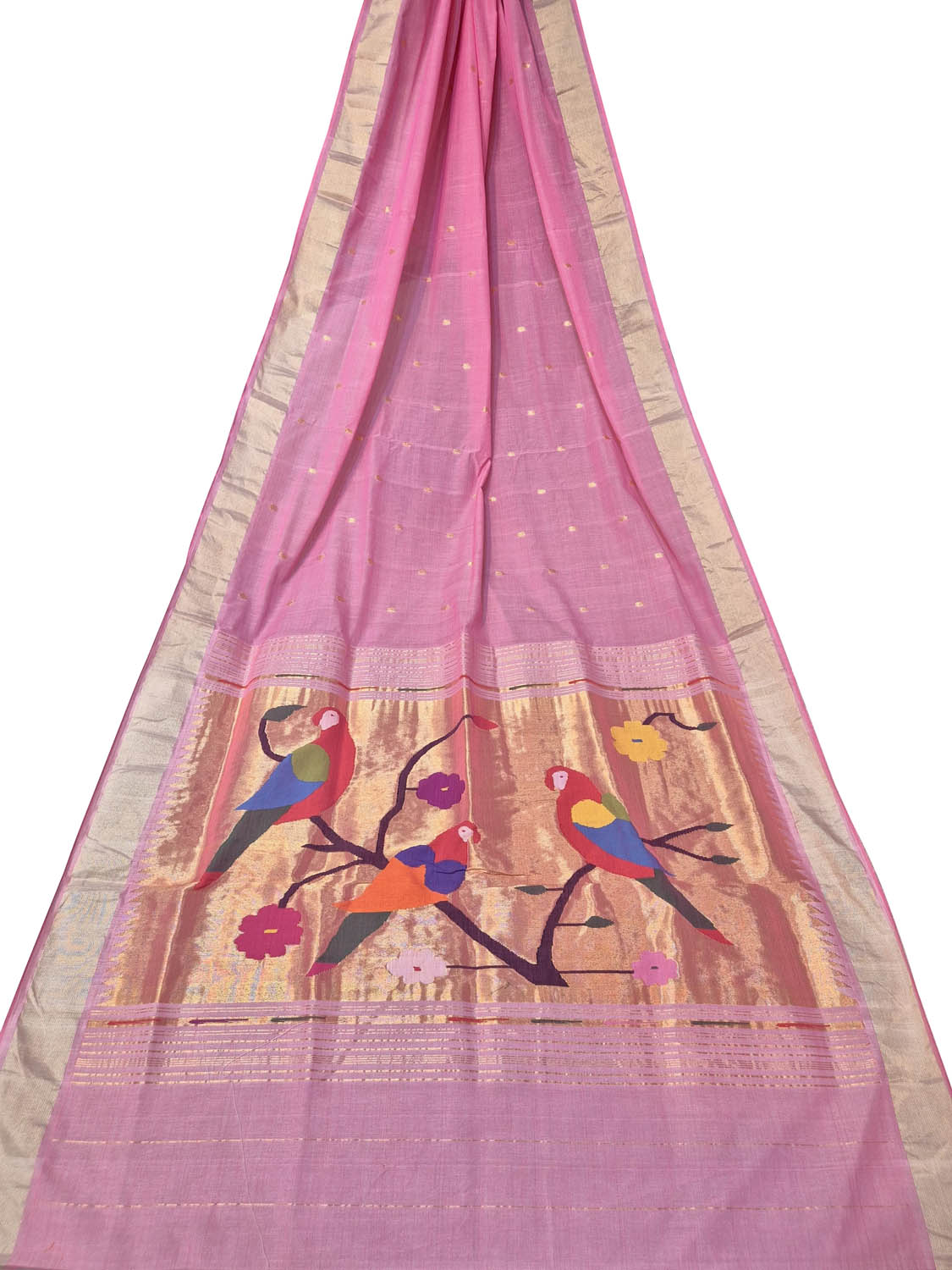 Pink Paithani Handloom Cotton Parrot And Flower Design Saree - Luxurion World