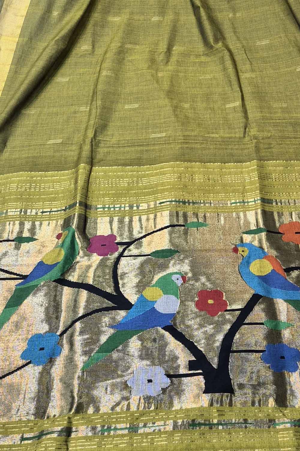 Green Paithani Handloom Cotton Parrot And Flower Design Saree - Luxurion World