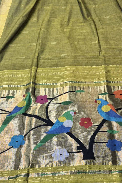 Green Paithani Handloom Cotton Parrot And Flower Design Saree - Luxurion World