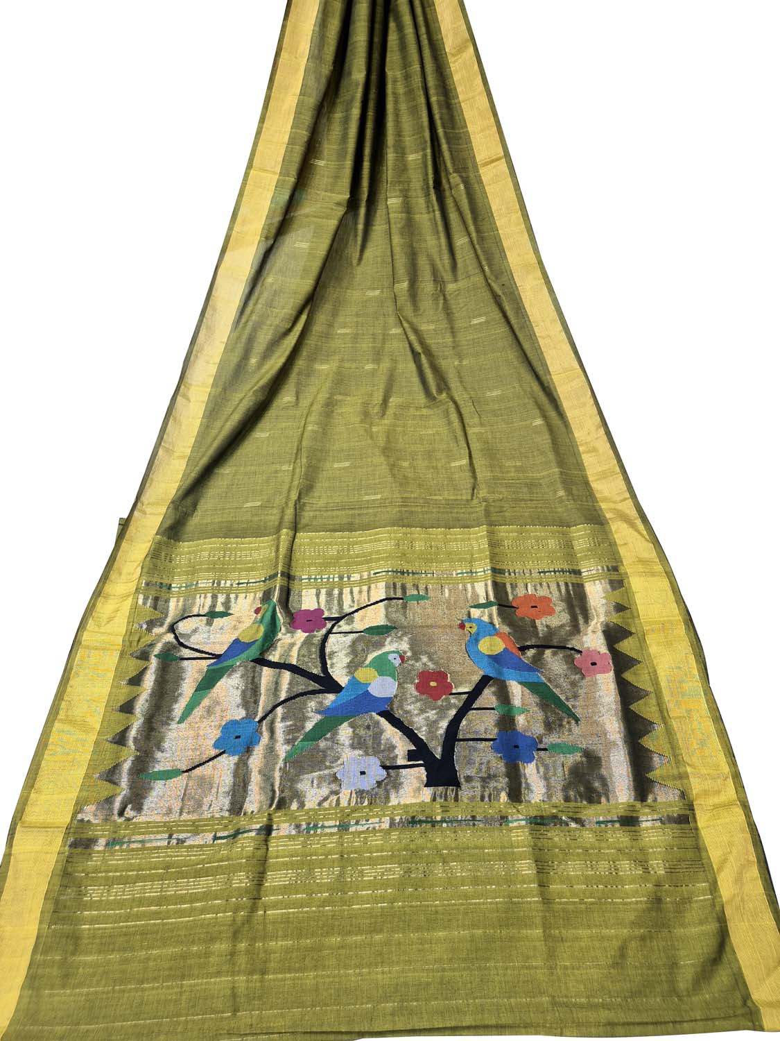 Green Paithani Handloom Cotton Parrot And Flower Design Saree - Luxurion World