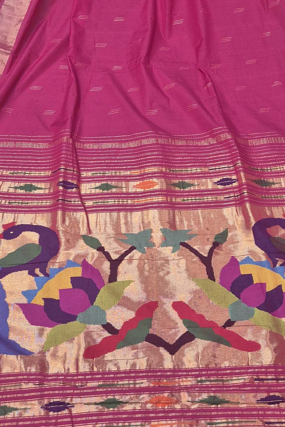 Pink Paithani Handloom Cotton Peacock And Flower Design Saree - Luxurion World