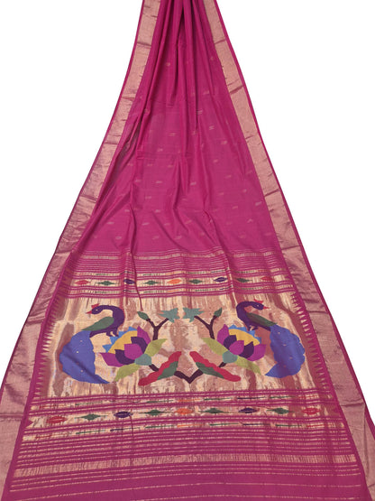 Pink Paithani Handloom Cotton Peacock And Flower Design Saree - Luxurion World