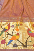 Orange Paithani Handloom Cotton Parrot And Flower Design Saree - Luxurion World