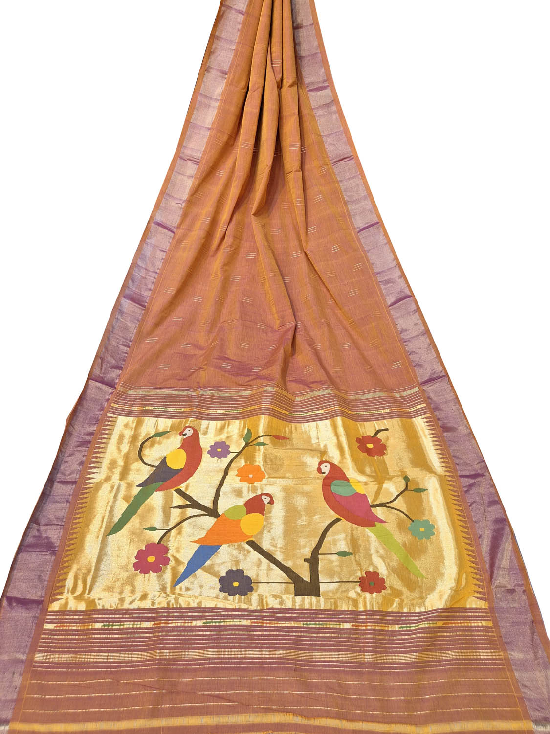 Orange Paithani Handloom Cotton Parrot And Flower Design Saree - Luxurion World