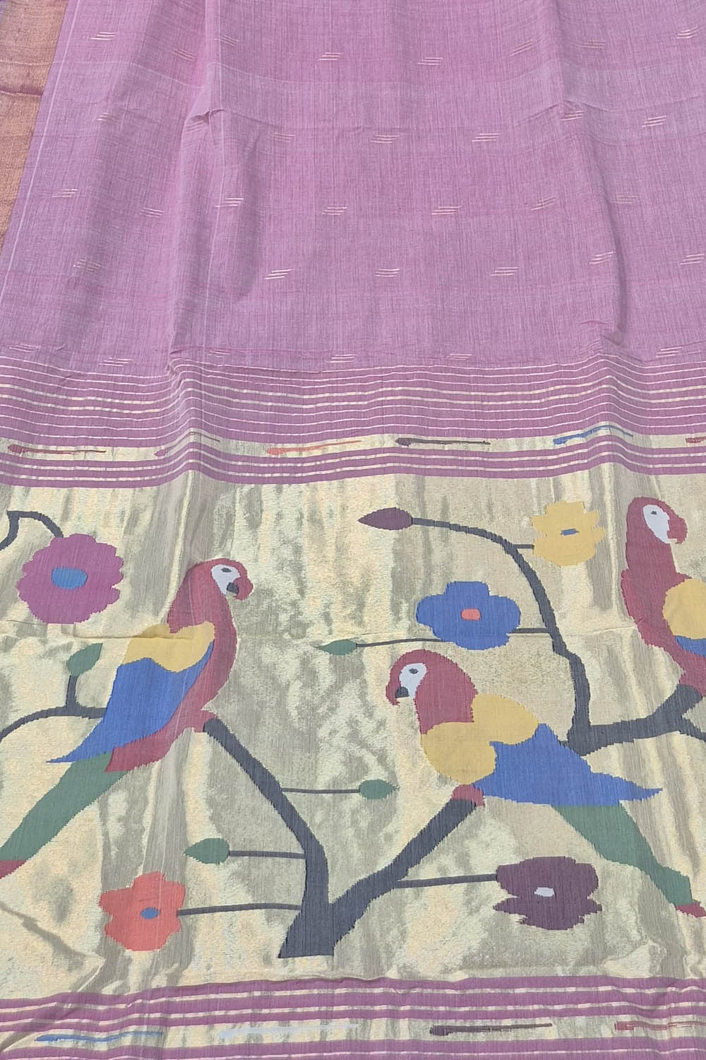 Purple Paithani Handloom Cotton Parrot And Flower Design Saree - Luxurion World