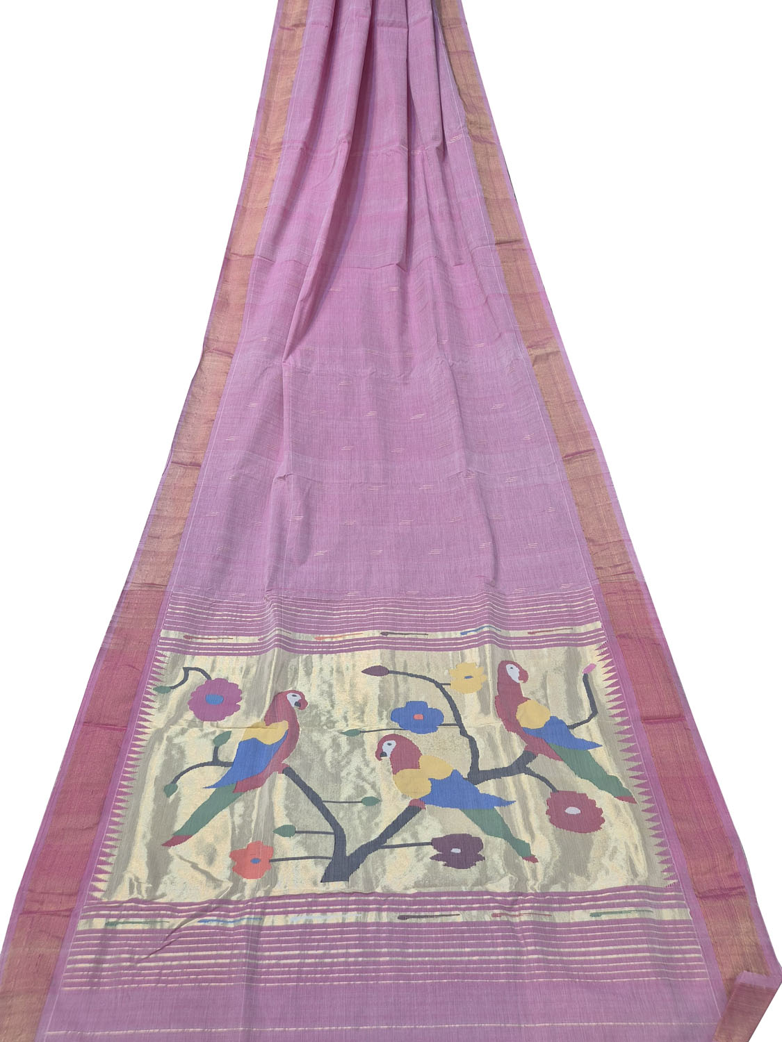 Purple Paithani Handloom Cotton Parrot And Flower Design Saree - Luxurion World