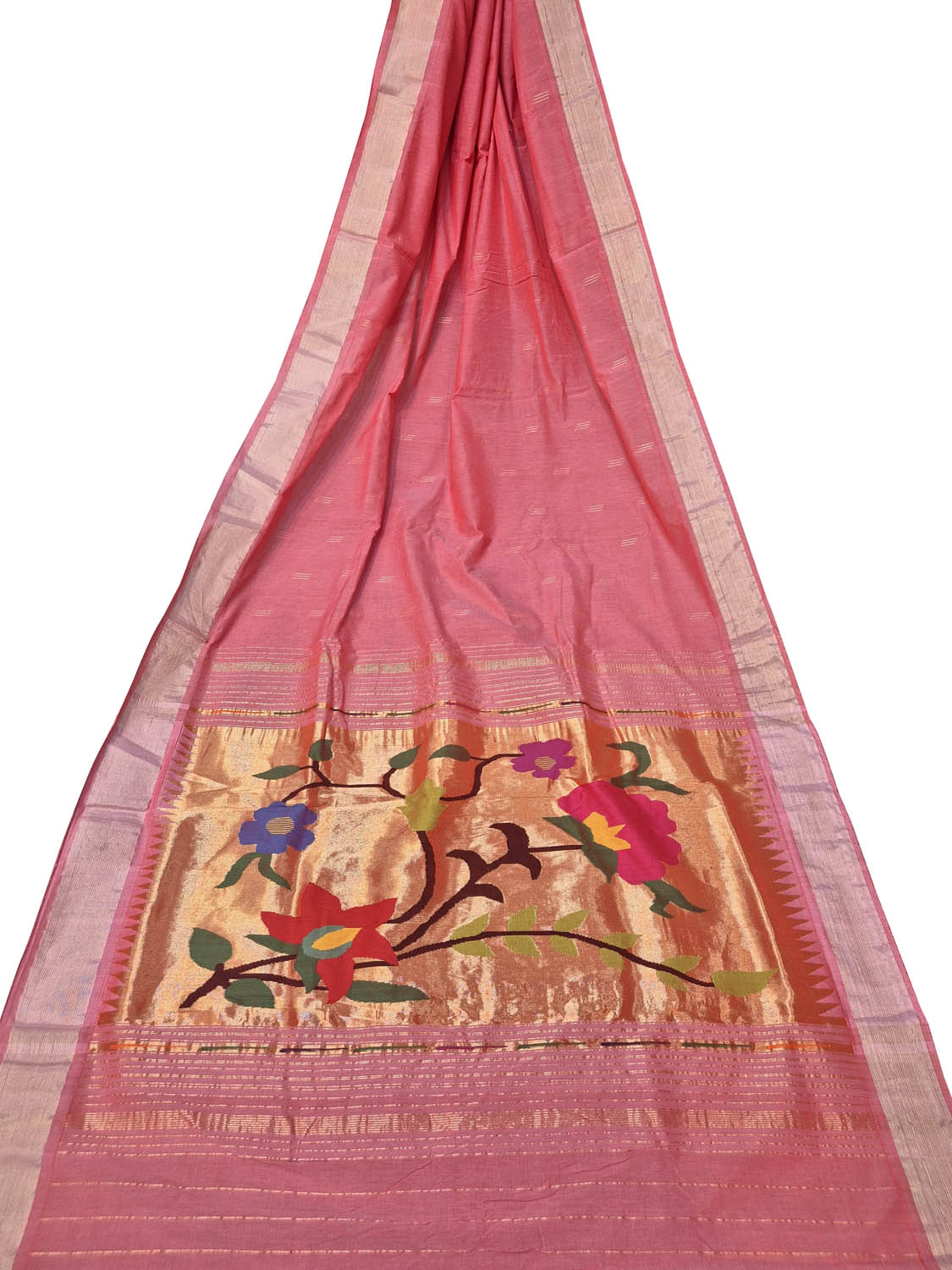 Pink Paithani Handloom Cotton Flower Design Saree - Luxurion World