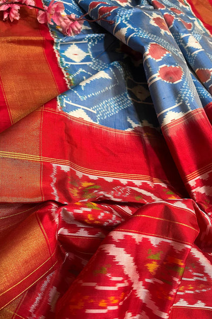 Exquisite Blue Handloom Pochampally Single Ikat Pure Silk Saree - Luxurion World