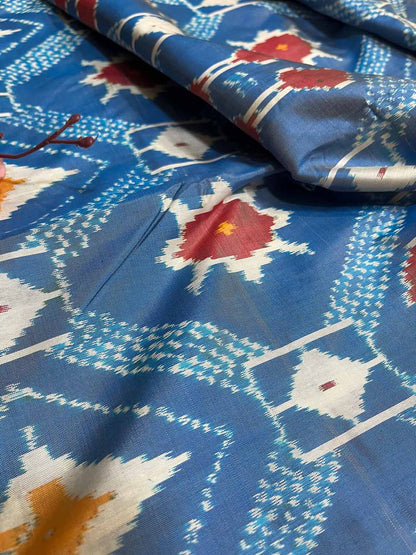 Exquisite Blue Handloom Pochampally Single Ikat Pure Silk Saree - Luxurion World