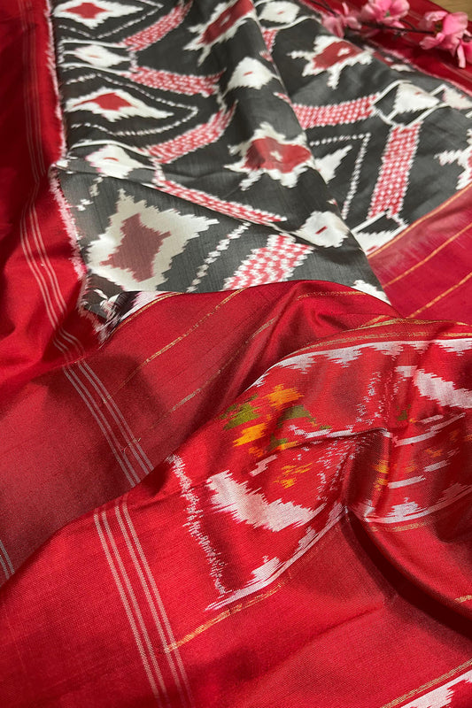 Graceful Grey Handloom Pochampally Single Ikat Pure Silk Saree - Luxurion World