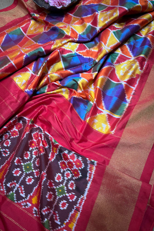 Stunning Multicolor Handloom Pochampally Single Ikat Pure Silk Saree - Luxurion World