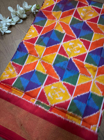 Stunning Multicolor Handloom Pochampally Single Ikat Pure Silk Saree - Luxurion World