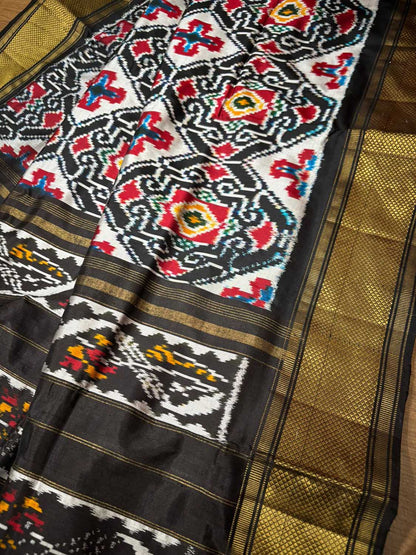 Black Handloom Pochampally Single Ikat Pure Silk Saree - Luxurion World