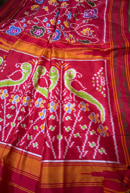 Stunning Red Handloom Pochampally Single Ikat Pure Silk Saree - Luxurion World