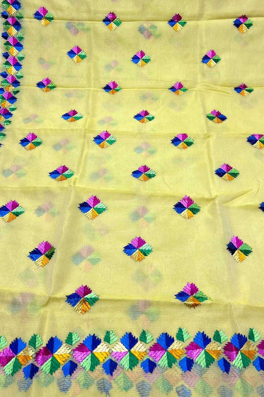 Yellow Hand Embroidered Phulkari Kota Silk Saree b