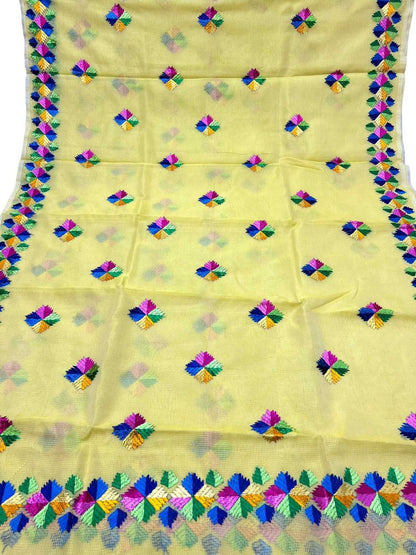 Yellow Hand Embroidered Phulkari Kota Silk Saree b