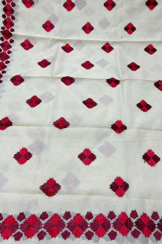 Off White Hand Embroidered Phulkari Kota Silk Saree - Luxurion World