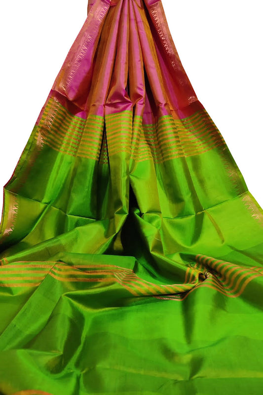 Pink and Green Bishnupur Silk Saree: Pure Elegance in Plain Weave - Luxurion World