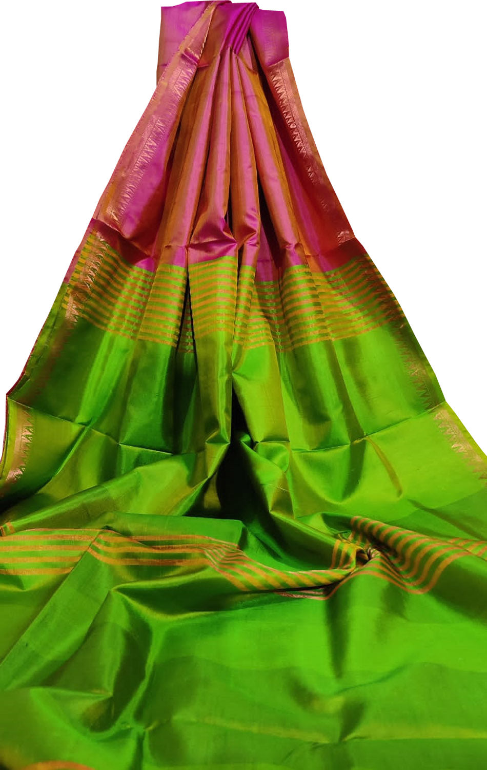 Pink and Green Bishnupur Silk Saree: Pure Elegance in Plain Weave - Luxurion World
