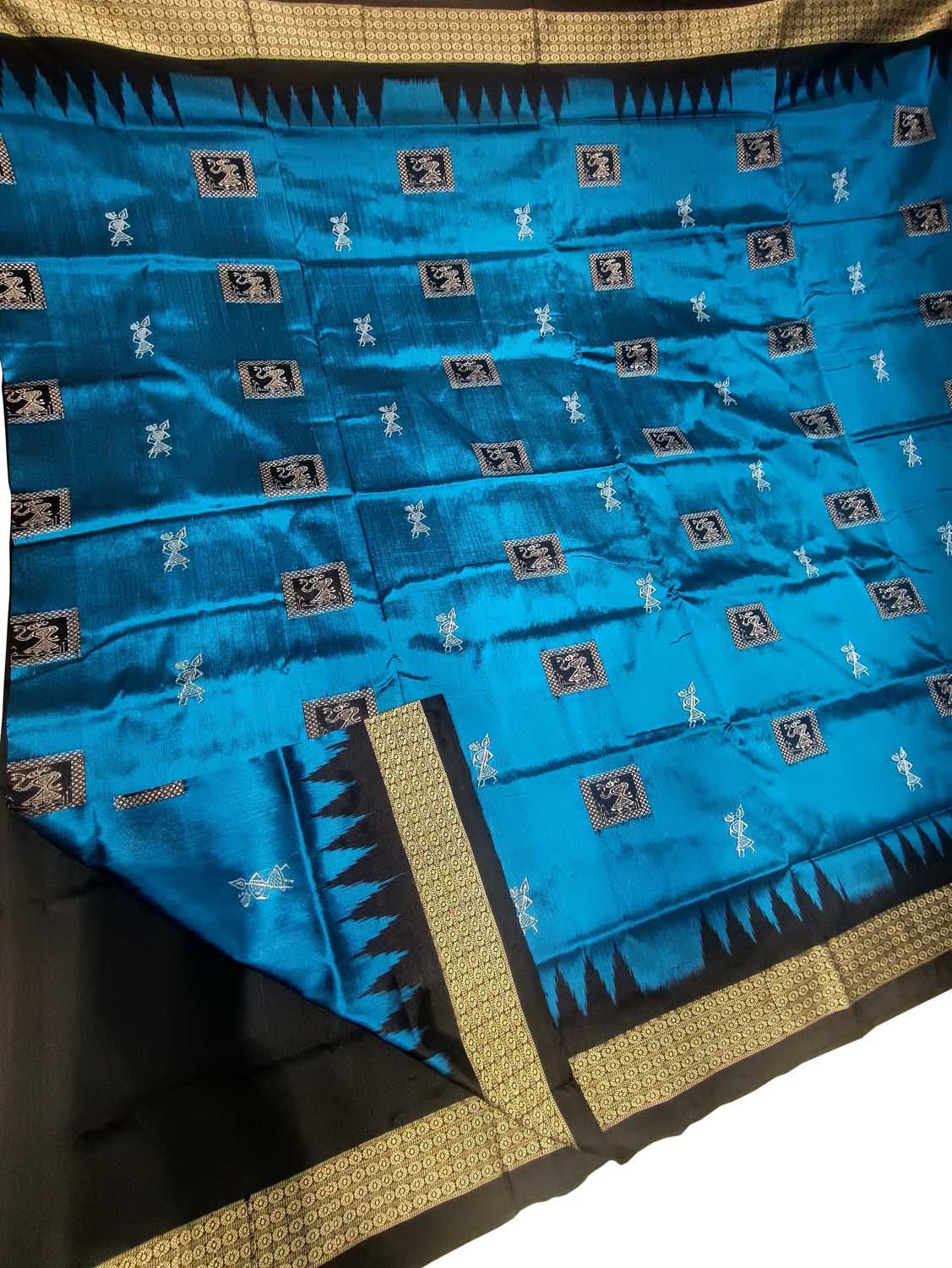 Blue Handloom Sambalpuri Double Ikat Weaved Body Bomkai Silk Saree: Traditional Elegance in Every Thread - Luxurion World