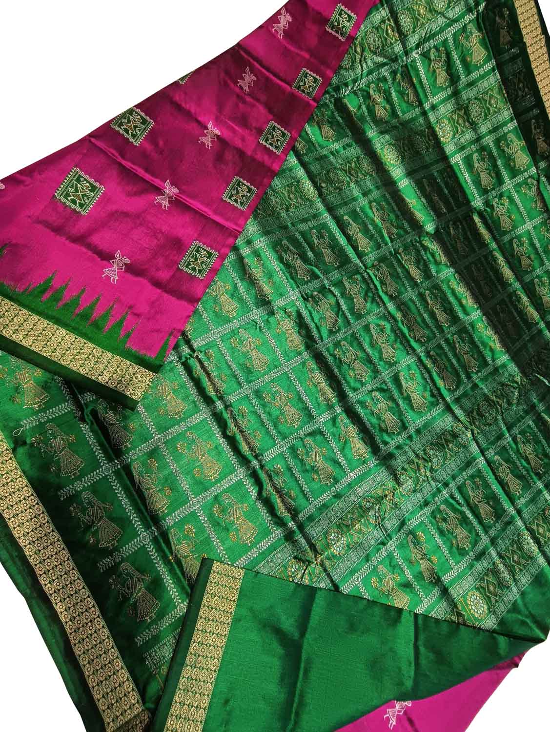Pink Handloom Sambalpuri Double Ikat Weaved Body Bomkai Silk Saree - Luxurion World