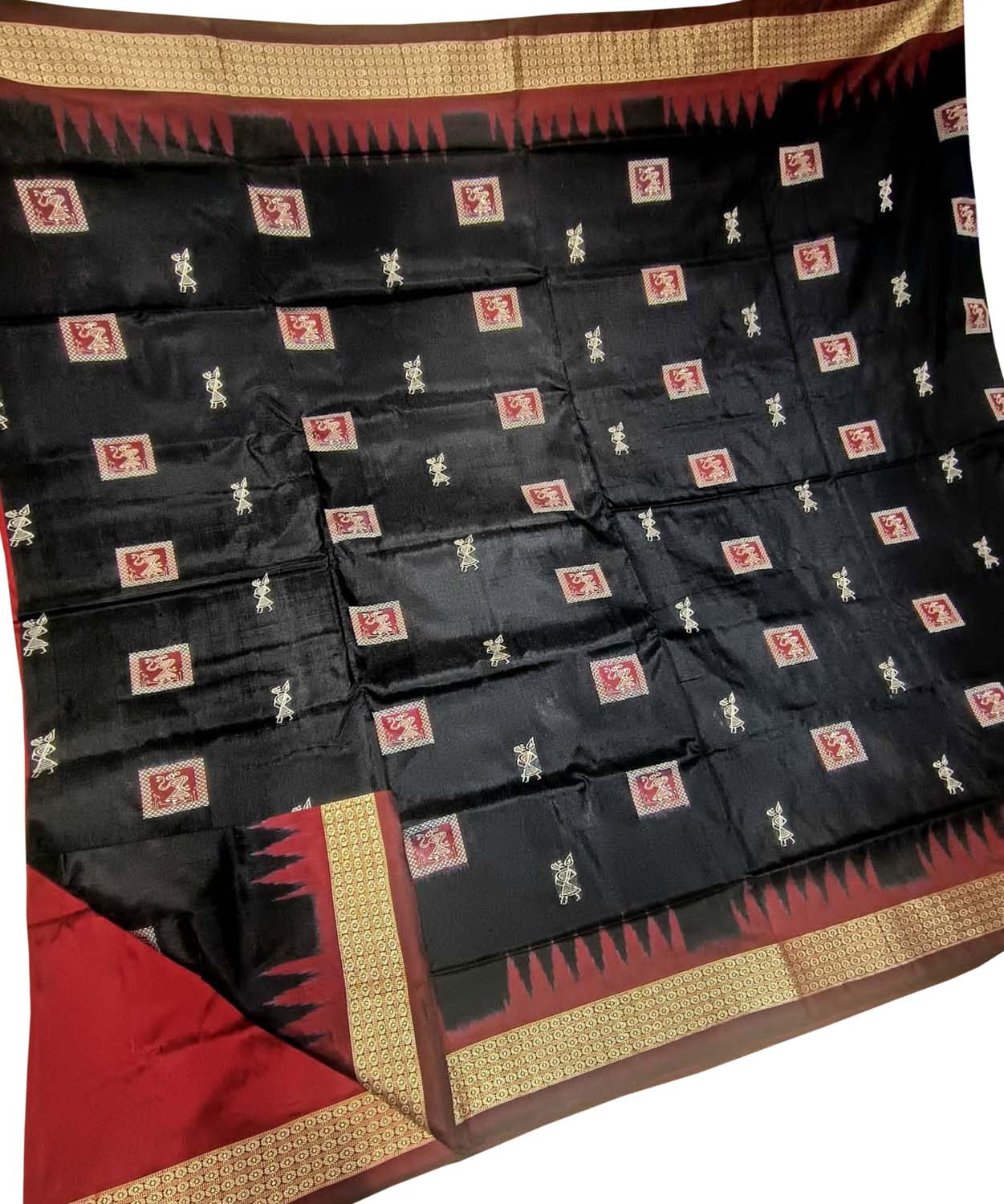 Red And Black Handloom Sambalpuri Double Ikat Weaved Body Bomkai Silk Saree - Luxurion World