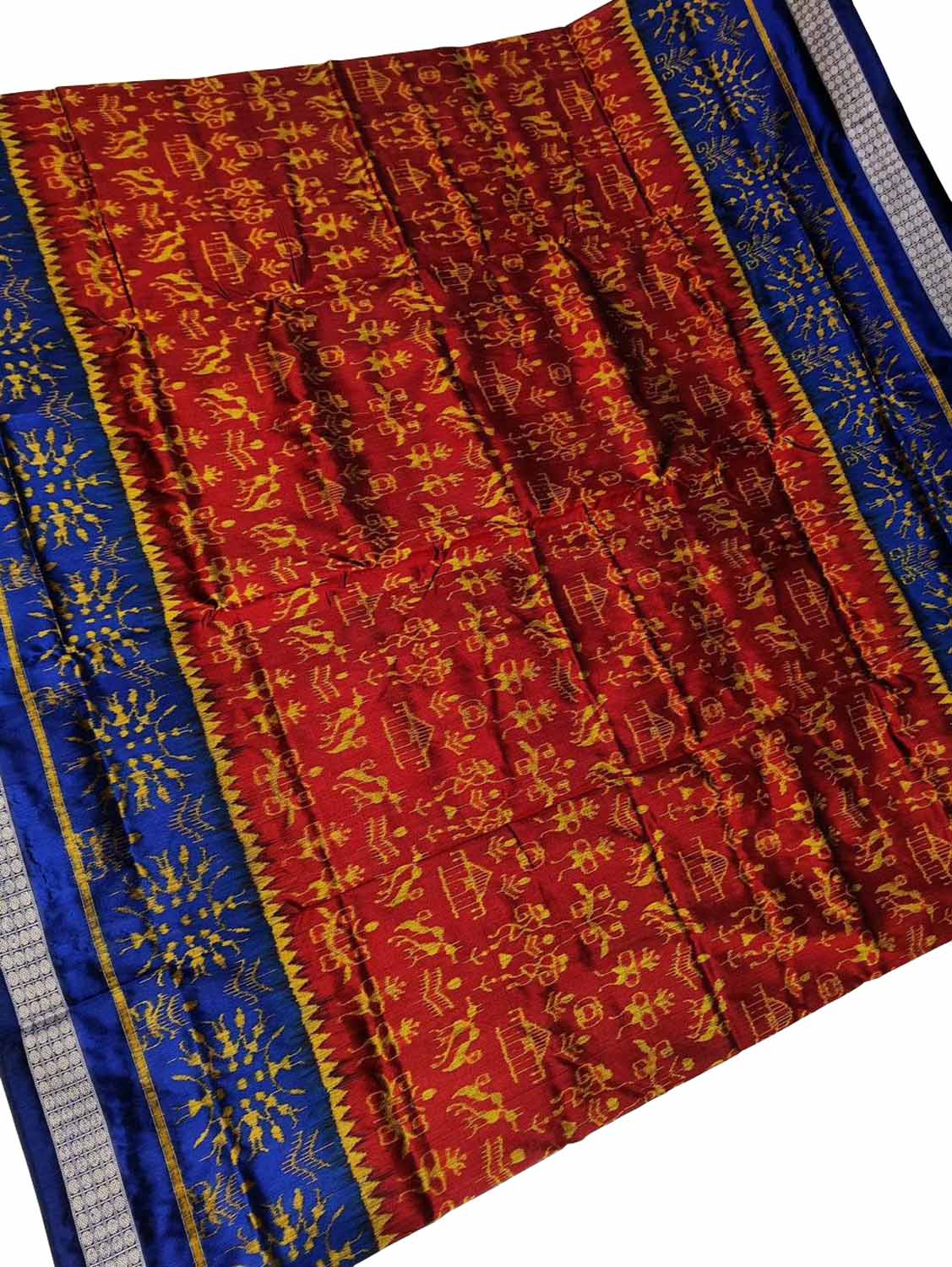Vibrant Red & Blue Ikkat Silk Saree - Handloom Beauty - Luxurion World
