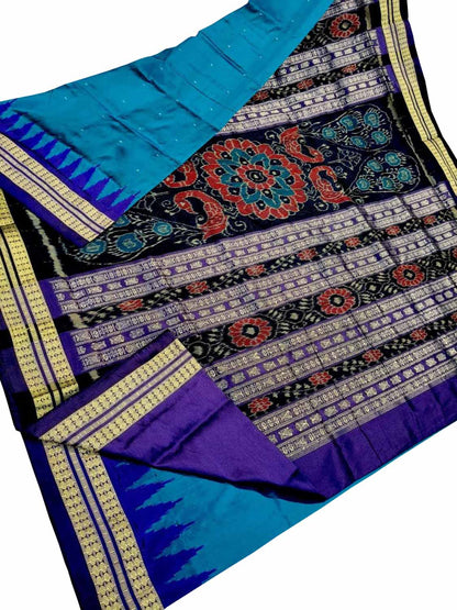 Blue Pure Silk Sambalpuri Ikat Handloom Saree - Luxurion World