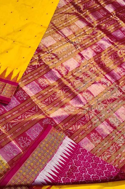 Yellow Pure Silk Sambalpuri Ikat Handloom Saree - Luxurion World