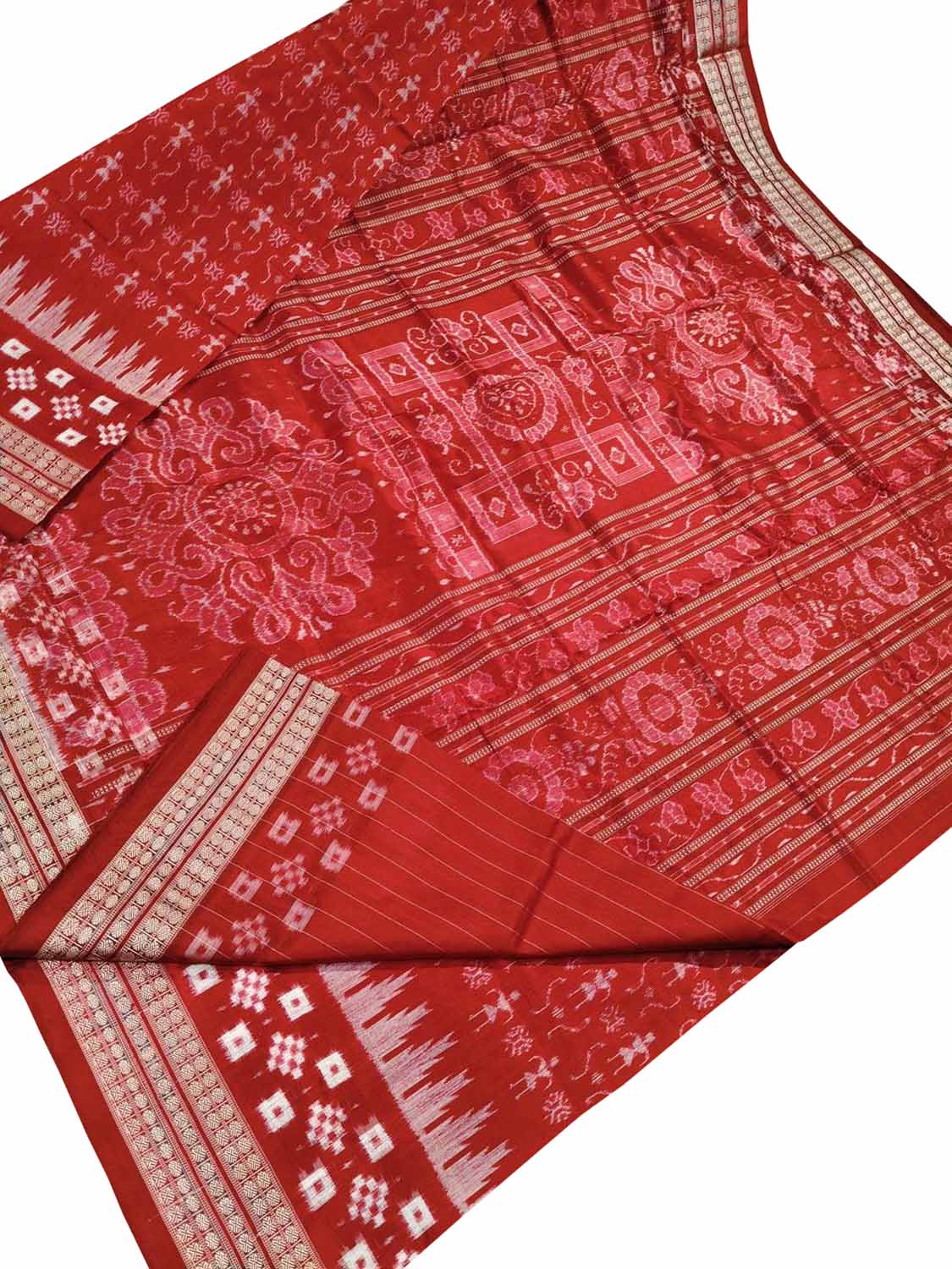 Red Pure Silk Sambalpuri Ikat Handloom Saree - Luxurion World