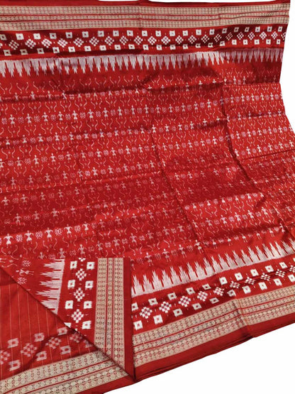 Red Pure Silk Sambalpuri Ikat Handloom Saree - Luxurion World