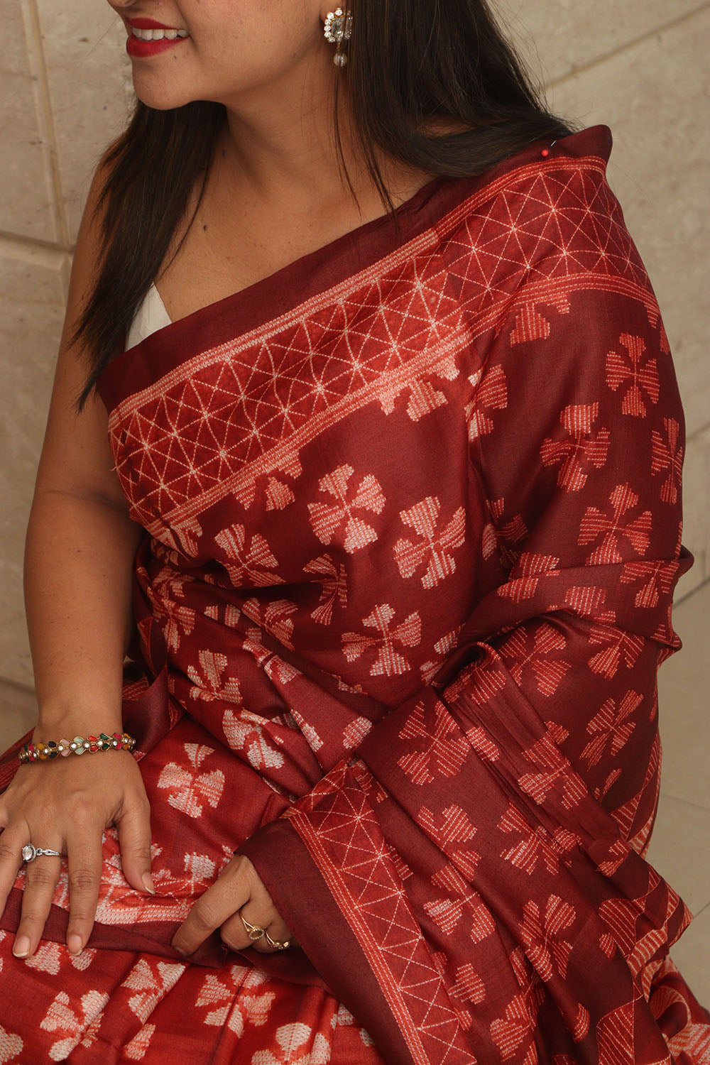 Elegant Maroon Shibori Tie N Dye Tussar Silk Saree - Luxurion World