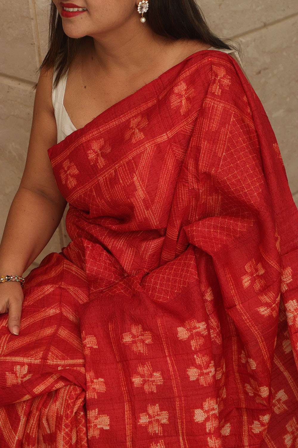 Red Shibori Tie N Dye Tussar Silk Saree - Luxurion World