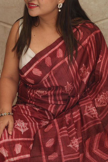 Maroon Shibori Tie N Dye Tussar Silk Saree: Elegant and Unique - Luxurion World