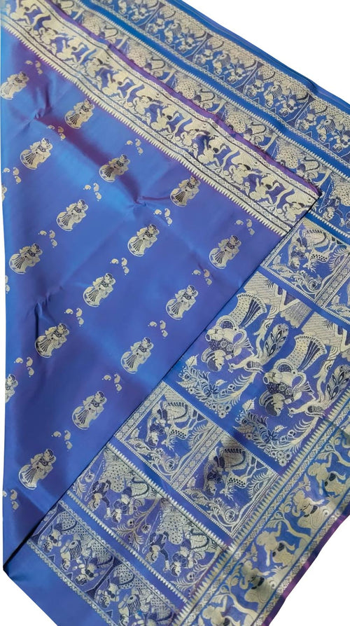 Blue Pure Silk Handloom Baluchari Saree - Luxurion World