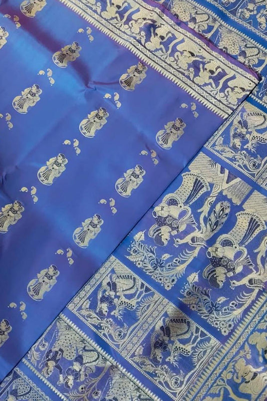 Blue Pure Silk Handloom Baluchari Saree - Luxurion World