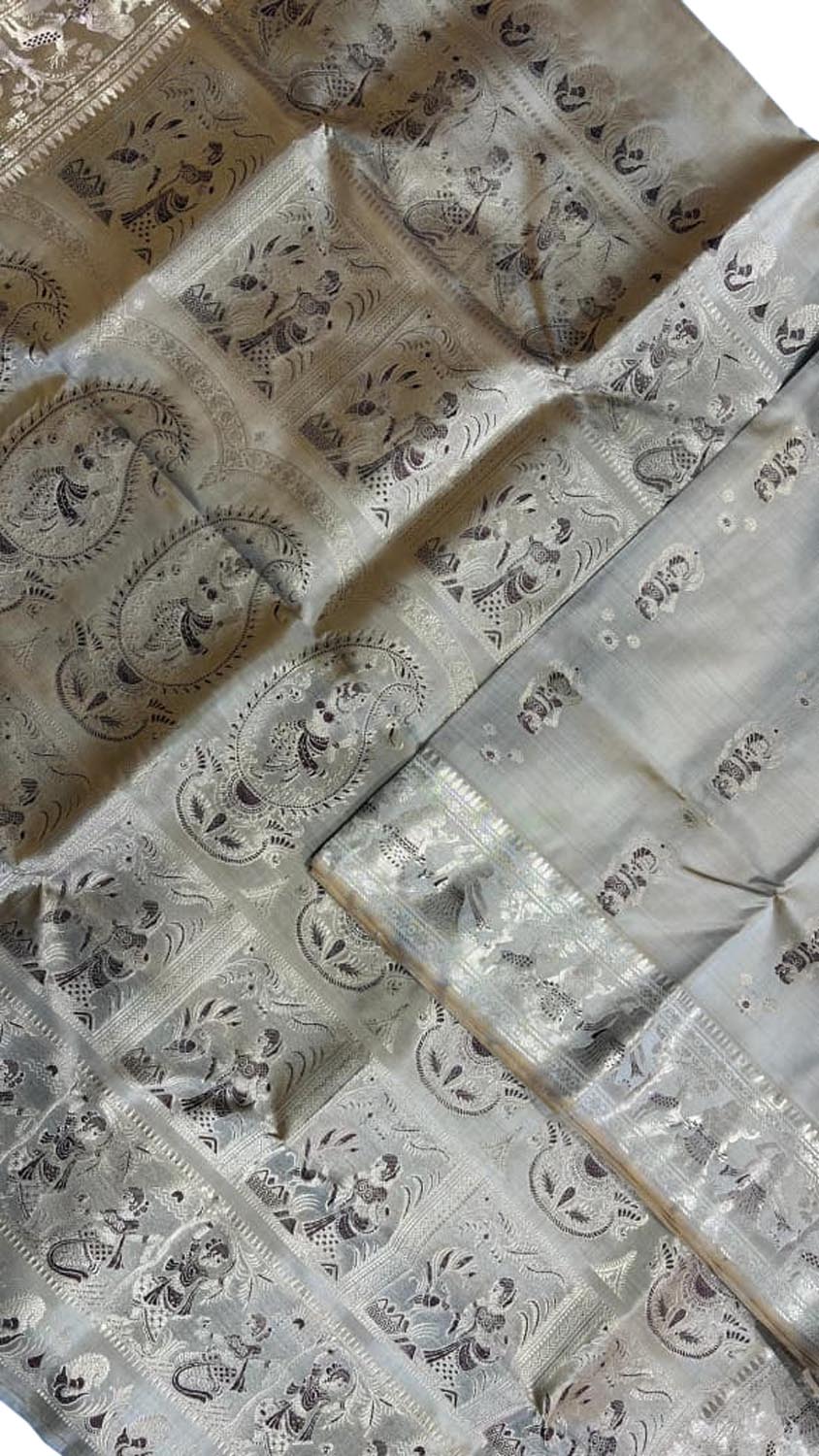 Elegant Grey Handloom Swarnachari Pure Silk Saree - Luxurion World