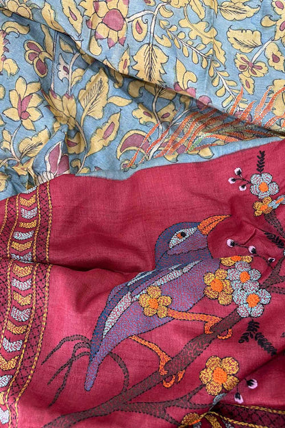 Blue Hand Painted Kalamkari Pure Tussar Silk Saree With Kantha Embroidered Bird And Flower Design - Luxurion World