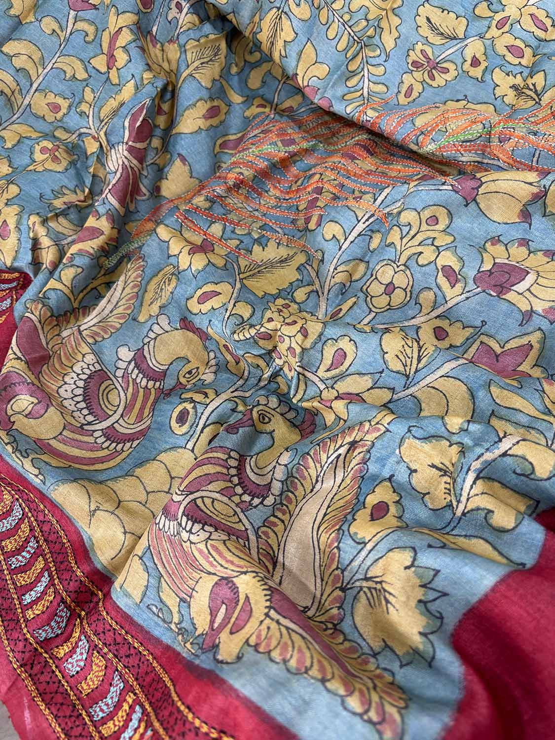 Blue Hand Painted Kalamkari Pure Tussar Silk Saree With Kantha Embroidered Bird And Flower Design - Luxurion World