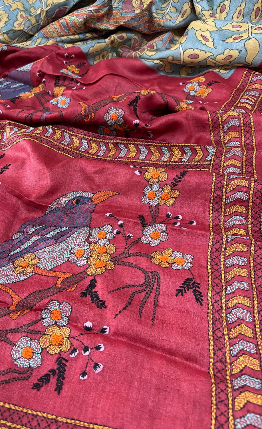Blue Hand Painted Kalamkari Pure Tussar Silk Saree With Kantha Embroidered Bird And Flower Design - Luxurion World