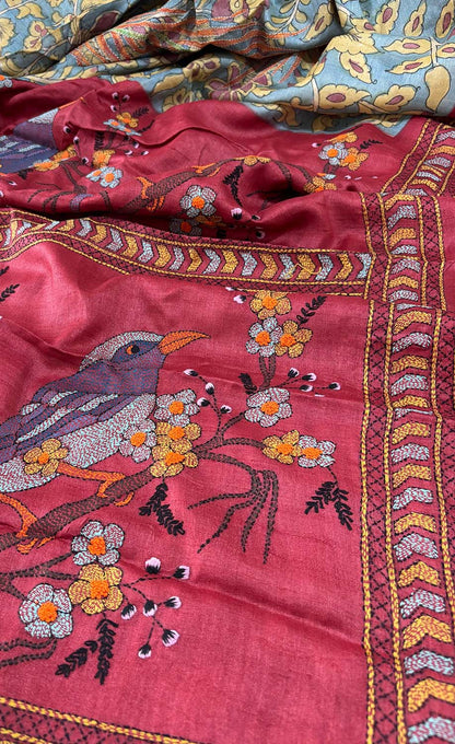 Blue Hand Painted Kalamkari Pure Tussar Silk Saree With Kantha Embroidered Bird And Flower Design - Luxurion World