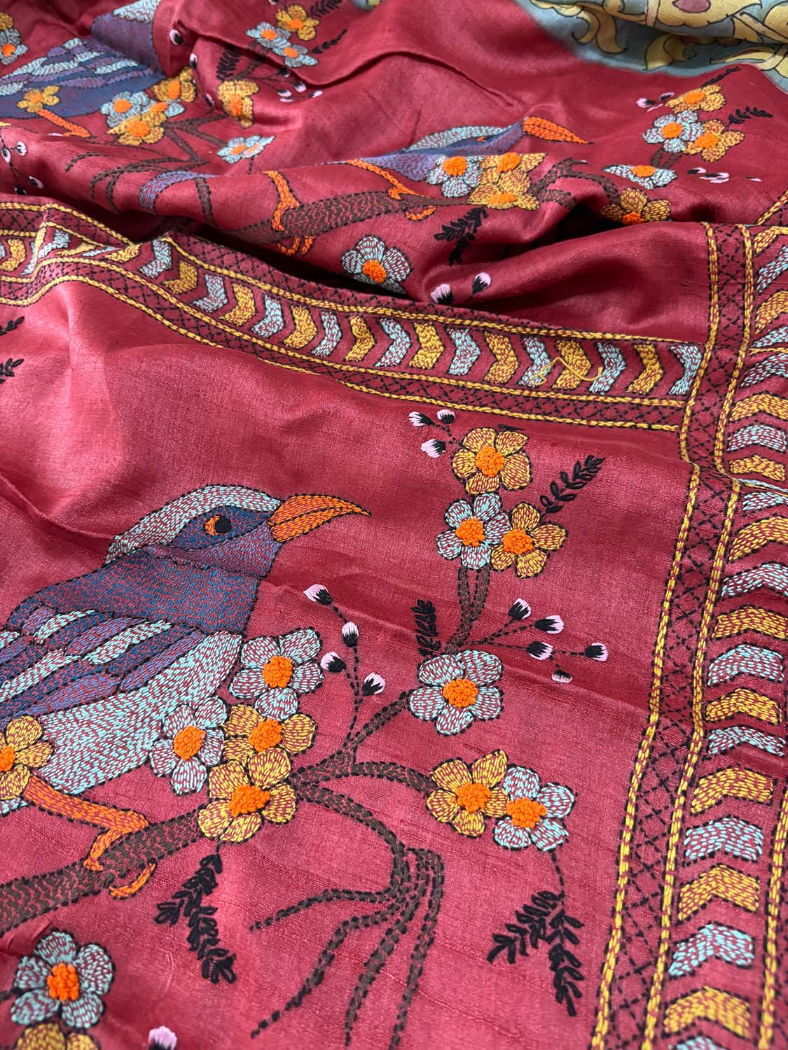 Blue Hand Painted Kalamkari Pure Tussar Silk Saree With Kantha Embroidered Bird And Flower Design - Luxurion World