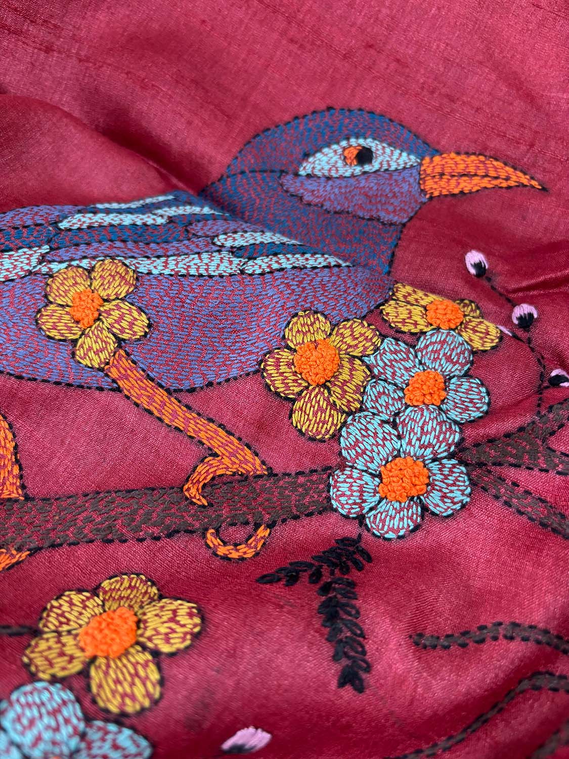 Blue Hand Painted Kalamkari Pure Tussar Silk Saree With Kantha Embroidered Bird And Flower Design - Luxurion World