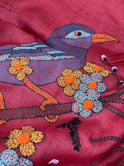 Blue Hand Painted Kalamkari Pure Tussar Silk Saree With Kantha Embroidered Bird And Flower Design - Luxurion World
