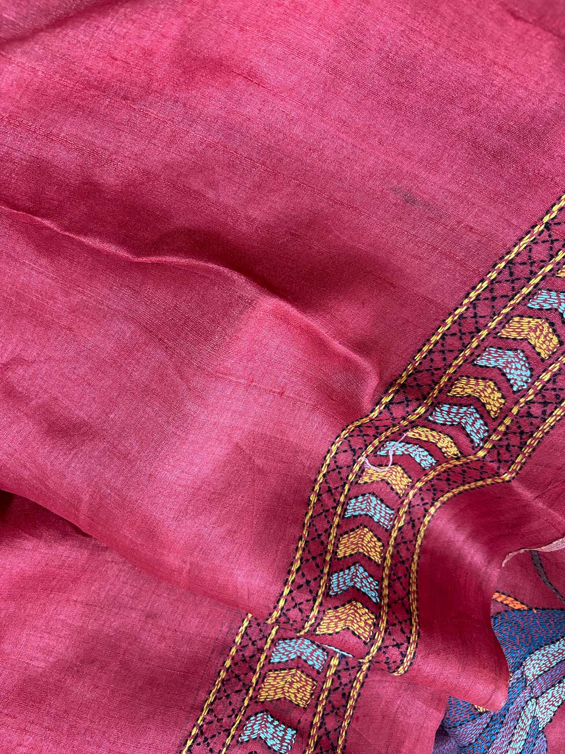 Blue Hand Painted Kalamkari Pure Tussar Silk Saree With Kantha Embroidered Bird And Flower Design - Luxurion World