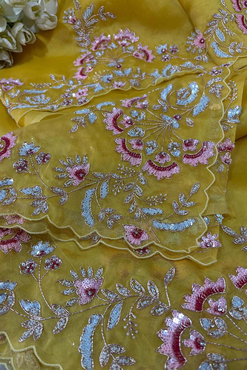 Yellow Trendy Zardozi Hand Work Pure Organza Flower Design Saree - Luxurion World