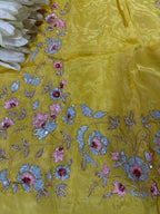 Yellow Trendy Zardozi Hand Work Pure Organza Flower Design Saree - Luxurion World