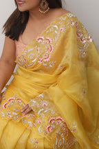 Yellow Trendy Zardozi Hand Work Pure Organza Flower Design Saree - Luxurion World