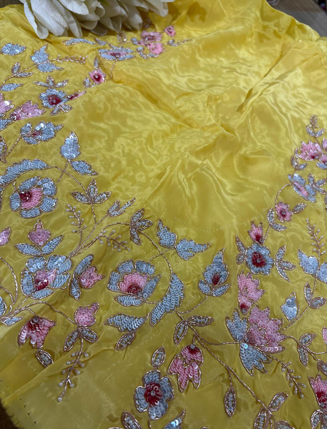 Yellow Trendy Zardozi Hand Work Pure Organza Flower Design Saree - Luxurion World