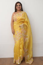 Yellow Trendy Zardozi Hand Work Pure Organza Flower Design Saree - Luxurion World